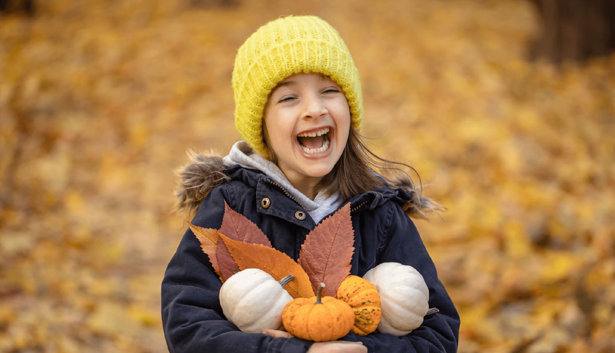 A little girl in warm clothing holding some pumpkins and leaves during Thanksgiving Season with a wide smile on her face